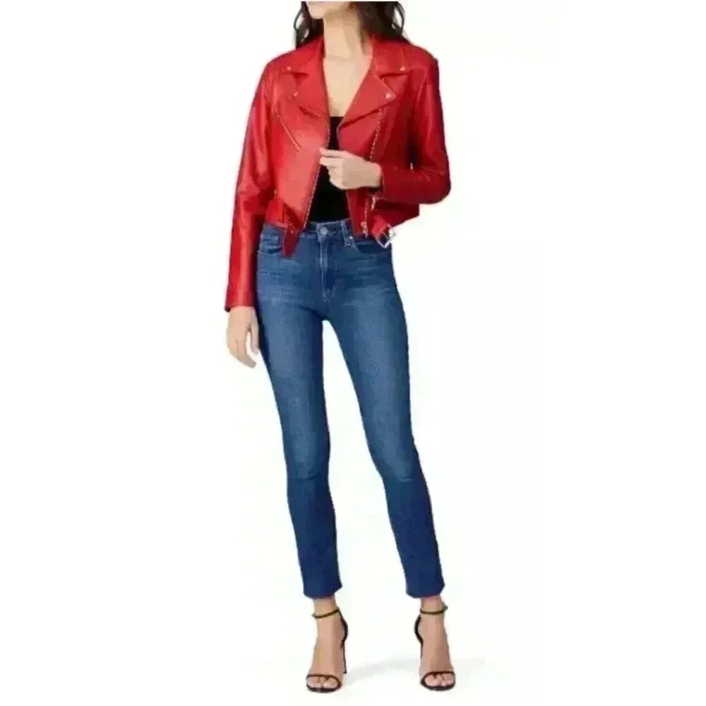 VEDA Baby Jane Leather Moto Jacket Red Size Small